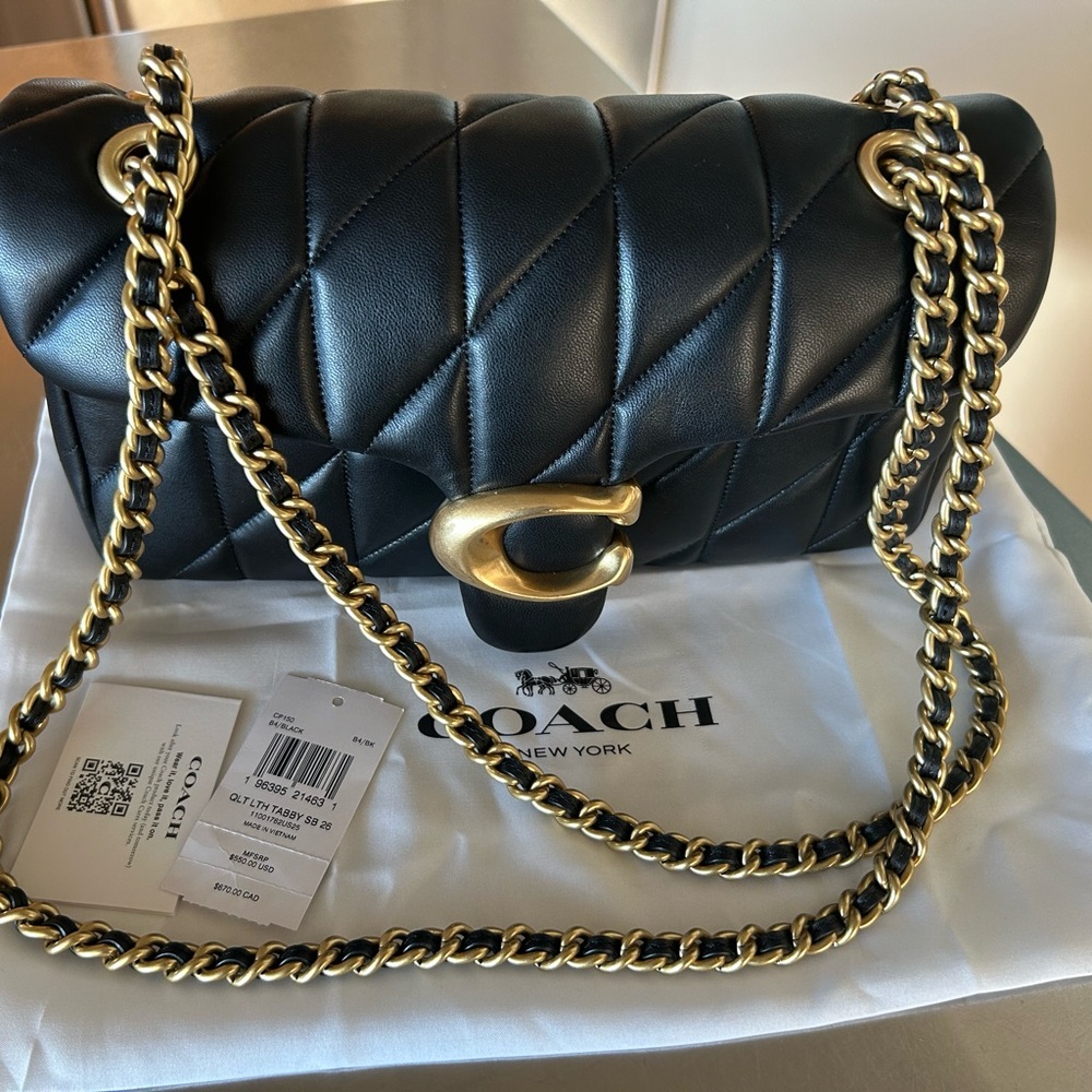 Coach Black Quilted Tabby 26 Bag with Gold Chain